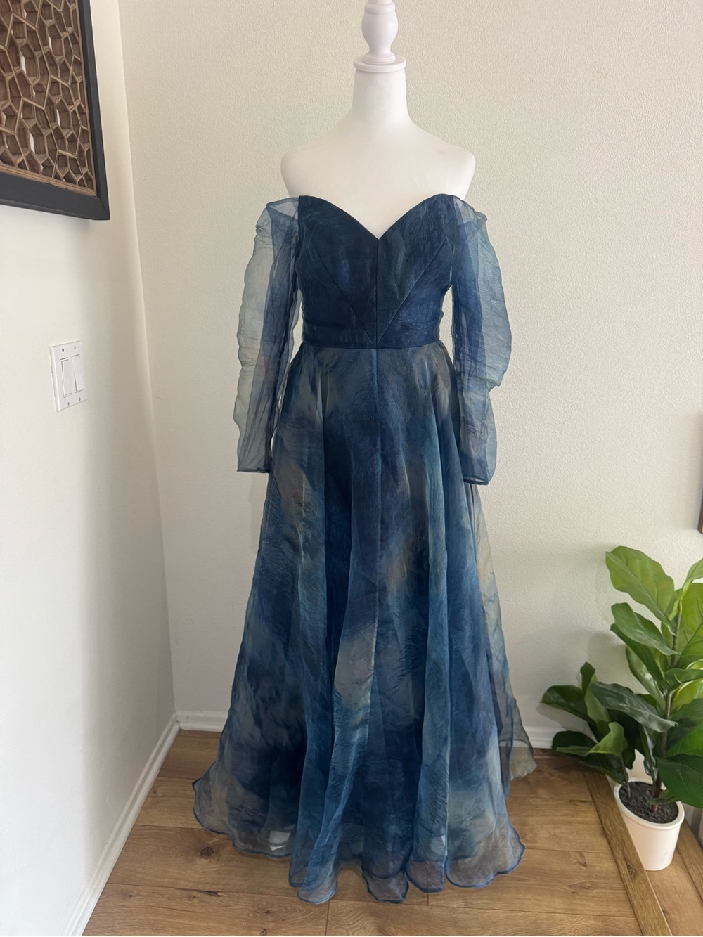 Rene Ruiz Off-Shoulder Navy Blue Organza Evening Gown